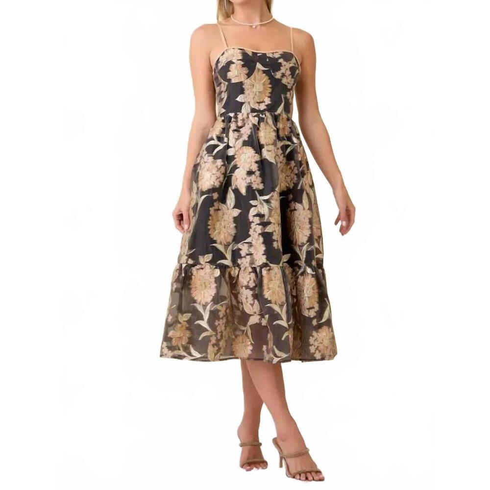 NEW MAINSTRIP metallic embossed floral midi dress in black